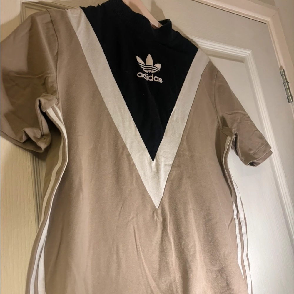 Adidas Beige and Black Tee with White V-Stripe